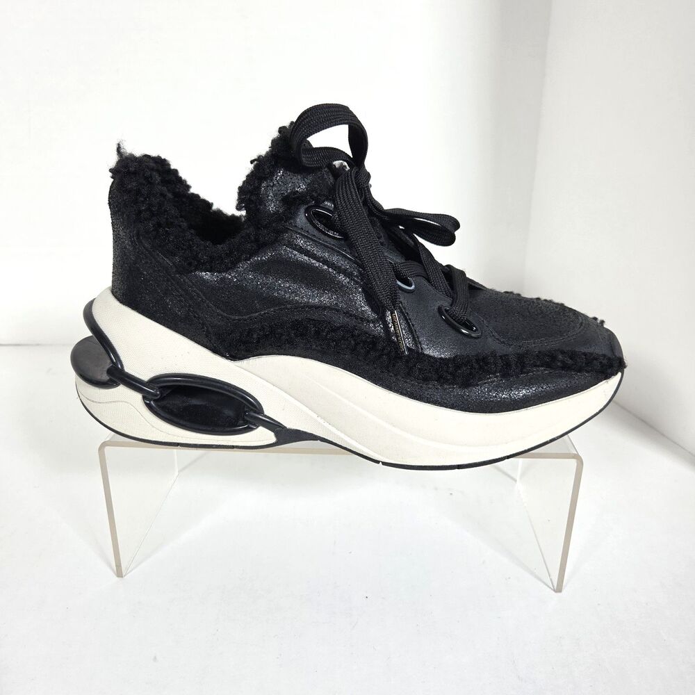 Michael Kors Women's Sneakers 7 Black Leather Sherpa Toni Chain Link Platform